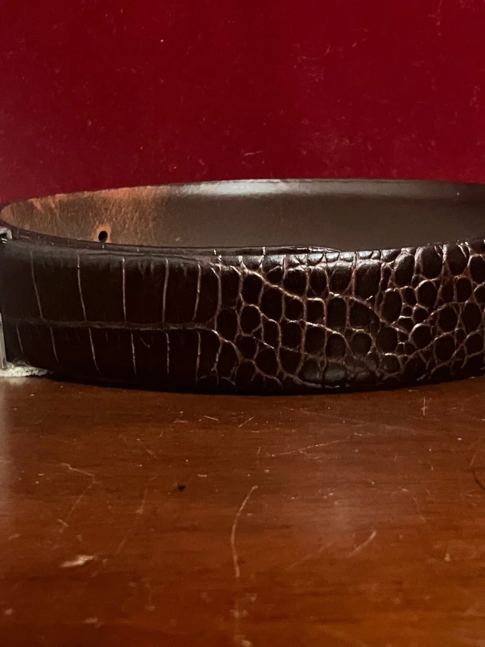 Ralph Lauren Dark Brown Croc-Embossed Leather Belt with Silver Buckle